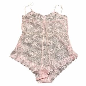 70s 80s European Vintage Eurobella Sheer Floral Lace Teddy Bodysuit (Pink) S/M
